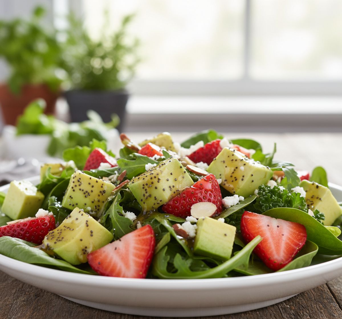 Recette de salade d'avocats et fraises à la vinaigrette au miel et au pavot