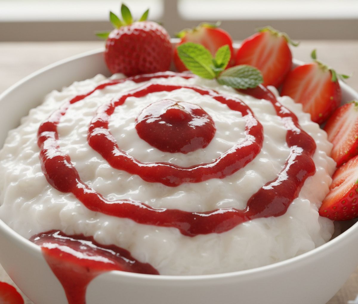 riz au lait de coco et coulis de fraises