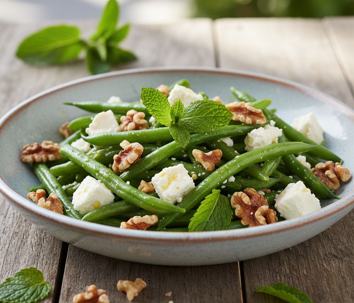 salade de haricots verts à la feta menthe et noix