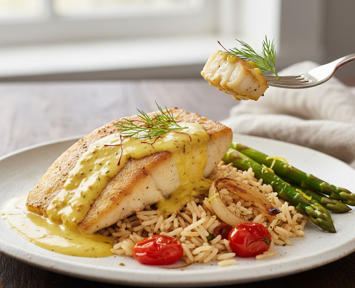 Queue de lotte safranée à la sauce moutarde : recette facile et savoureuse