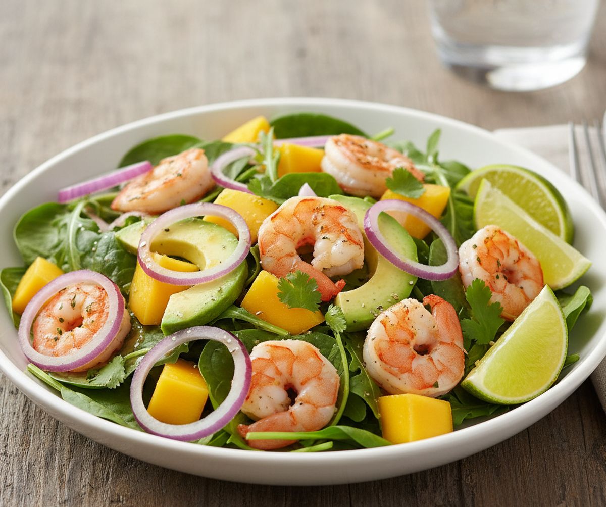 Salade avocat mangue crevette et oignon rouge