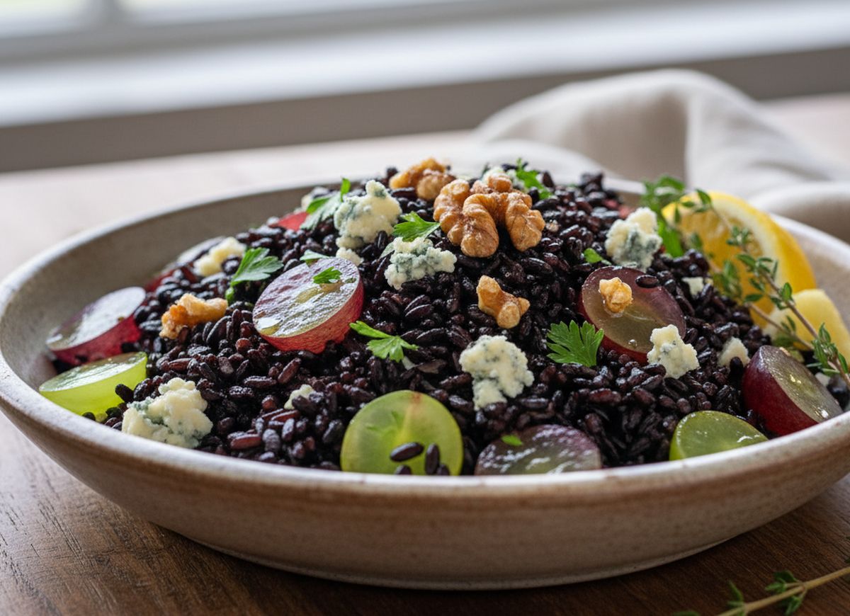 Salade de riz noir au bleu et au raisin